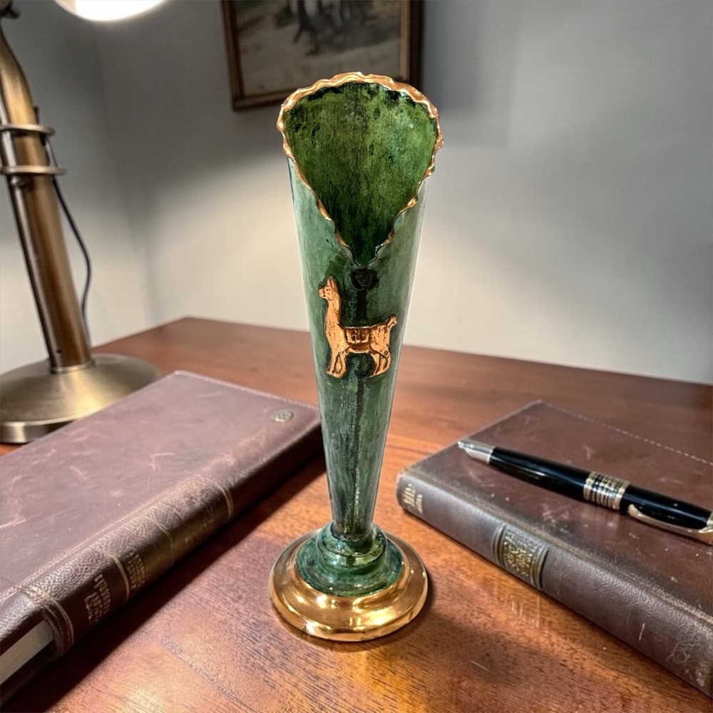 Vintage Boho Green Bud Vase Llama Decor Peruvian Style Copper Enamel MCM